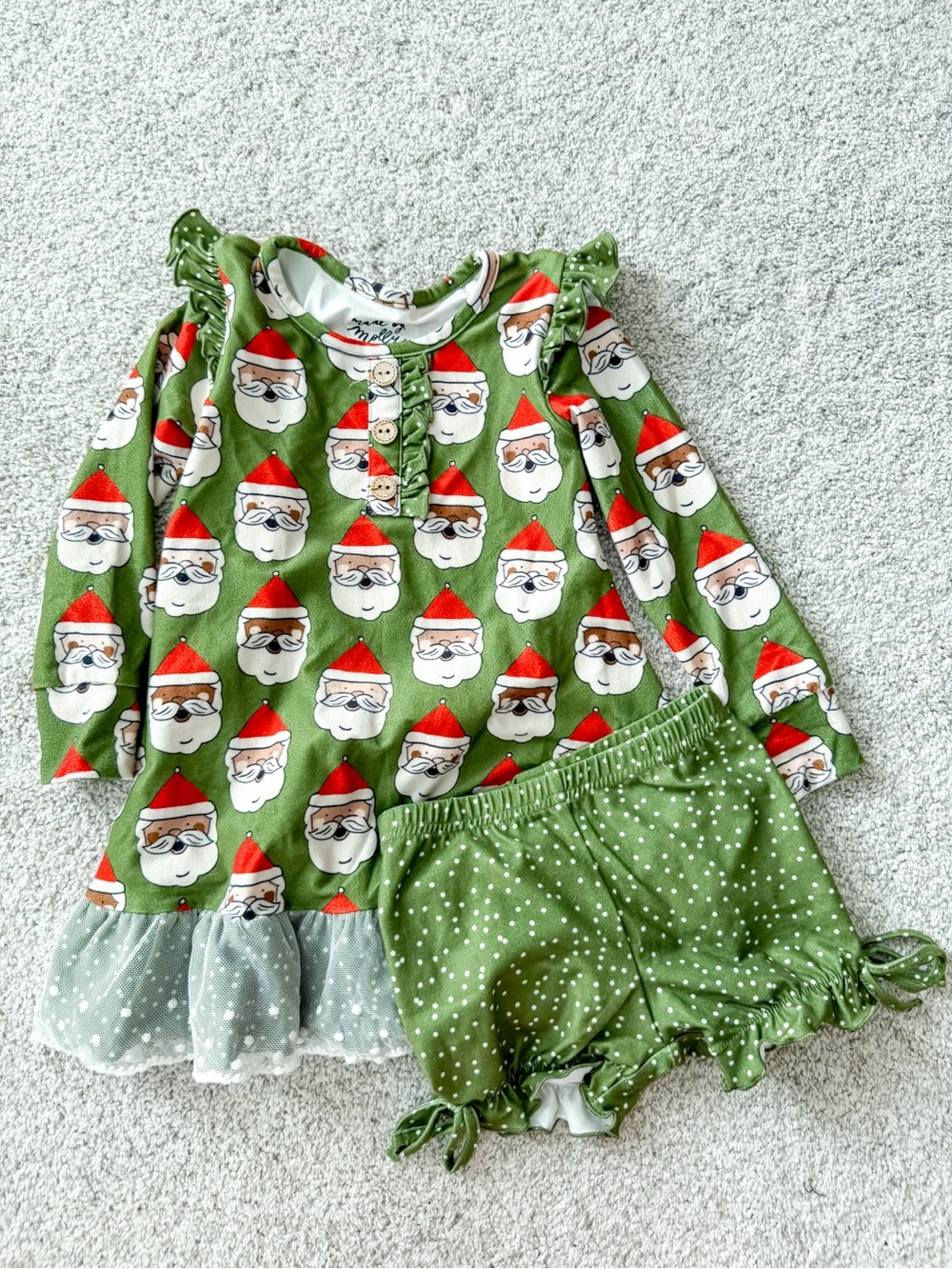 Girls Green Santa Print Nightgown and Shorts Pajama Set